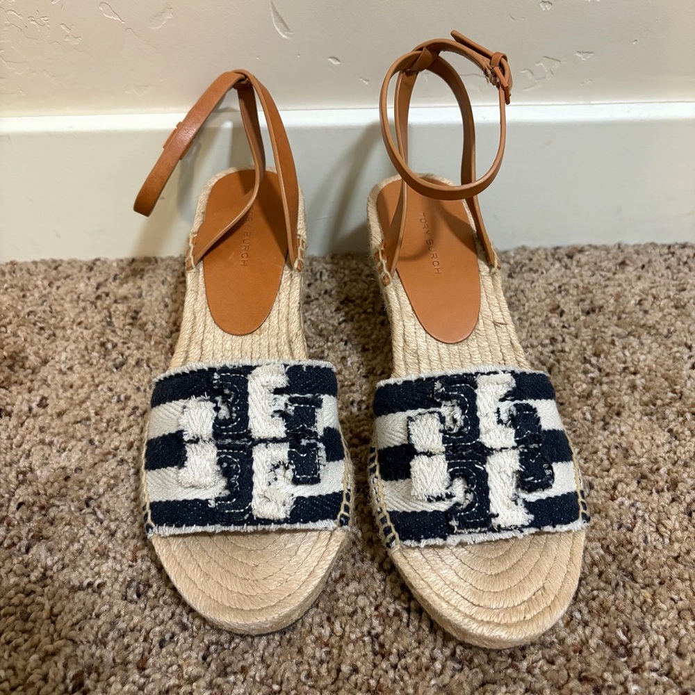 Tory Burch Ines Ankle Strap Espadrille Platform Wedge Sandal In Blue Size 7